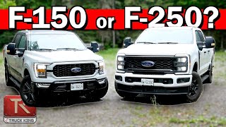 Ford F150 vs F250  HalfTon or HD We Compare Towing Payload MPG amp More [upl. by Perseus]