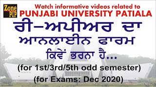 How to fill Reappear Online Examination form odd semester Exams Dec 2020 Punjabi University Patiala [upl. by Sisenej]