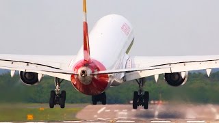 Crazy AIRBUS A340600 CROSSWIND Landing at Düsseldorf  Almost GO AROUND [upl. by Agnot]