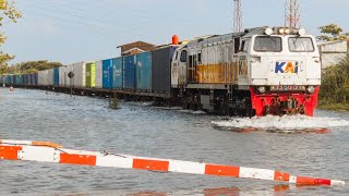 NEKAT TERJANG BANJIR  KERETA API KONTAINER INI MELAWAN DERAS NYA ARUS AIR [upl. by Akkim]