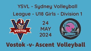 YSVL Division 1 U18 Girls  Vostok vs Ascent Volleyball Academy  24 May 2024 [upl. by Nevur908]