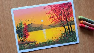 Oil Pastel Sunset Nature Drawing for Beginners  AUTUMN SUNSET  Oil Pastel Scenery Drawing [upl. by Mastat615]