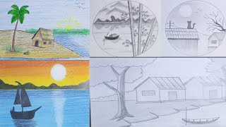 Five Easy Drawing Ideas  pencil sketch tutorial  soft oil pastel scenery  Simple and easy [upl. by Anir]