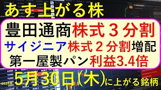 あす上がる株 2024年５月３０日（木）に上がる銘柄 豊田通商が株式分割。三菱重工、三菱電機が急落、第一屋製パンが大増益。サイジニアが株式分割～最新の日本株での株式投資。高配当株やデイトレ情報も～ [upl. by Myrt382]