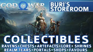 God of War  Buris Storeroom All Collectible Locations Ravens Chests Artefacts Shrines  100 [upl. by Arzed]