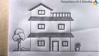 Beautiful Building House  Pencil Drawing  Very Easy  Cute [upl. by Rednaeel941]