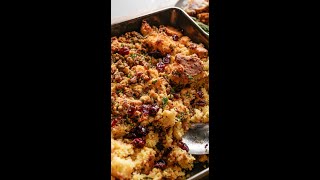 Cornbread Sausage Stuffing with Cranberry by Danielle “Diva Q” Bennett  Traeger Grills [upl. by Ahsinaw]