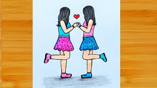 How To Draw Best Friend Girls  Two Best Friend Drawings  Bff Drawing  Friendship day drawing [upl. by Cletis]