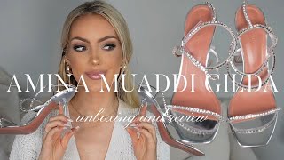 AMINA MUADDI GILDA GLASS SANDALS UNBOXING REVIEW AND SIZING  Holly JoAnne White [upl. by Olfe704]