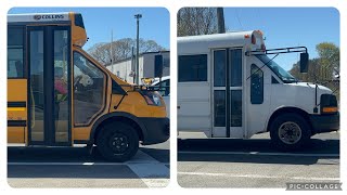 First Student Ford Transit Collins School Bus and White GMC Corbeil Former BCDC Bus on the road [upl. by Esinereb894]