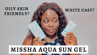 MISSHA Aqua Sun Gel SPF 50 Review sunscreen test on dark skin and oily skin [upl. by Lewak394]