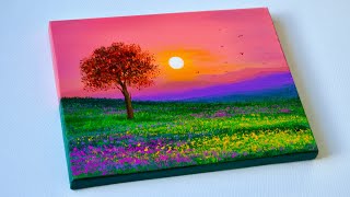 Spring Sunset Scenery painting  Acrylic landscape Painting  Sunset Painting [upl. by Hickey]