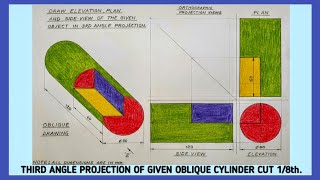 Third angle projection of given oblique cylinder cut 18th।Draw FTampS of a horizontal cut cylinder [upl. by Atiraj]