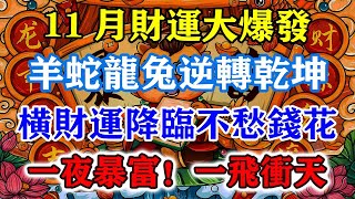 11月財運大爆發！羊蛇龍兔逆轉乾坤，橫財運降臨不愁錢花，一夜暴富！一飛沖天！運勢 風水 佛教 生肖 发财 横财 【佛之緣】 [upl. by Mufi]