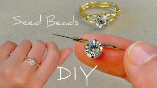 Easy Beaded Ring Tutorial Bugle Beads Jewelry Making  Rhinestone Ring Making [upl. by Blasien]