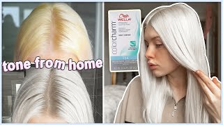 HOW TO TONE PLATINUM BLONDE HAIR AT HOME  Wella T14  bye yellowbrassy tones [upl. by Llirpa646]