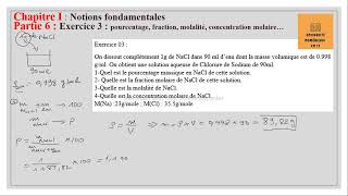 16  exercice 3  Pourcentage fraction molarité concentration molaire [upl. by Daisie]