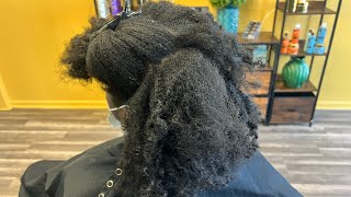 Natural hair to over processed texturizer  She wanted a Relaxer but that’s not what she got 🤷🏾‍♀️ [upl. by Mckay]