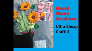 Homemade Cushion with Embroidery Applique amp Crochet Cheap Crafting Handmade Denim Pillow arthritis [upl. by Utica]