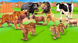 Animal Revolt Battle  Giant Lion Farm Animals Defends Tiger Leopard Attack Cow Horse Pig Cartoon [upl. by Mroz856]