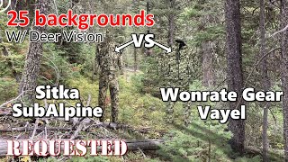 Sitka SubAlpine Vs Wonrate Gear Vayel hunting camo in Human and Deer Vision on 25 Backgrounds [upl. by Essam]