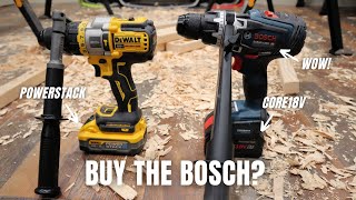 Dewalt DCD999 Powerstack 5ah vs Bosch 1330CN CORE18V 8ah  Best 18v Drill [upl. by Ylhsa161]