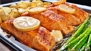 ONE PAN SALMON AND VEGETABLE BAKE  Ready in 30 Min  Baked Salmon amp Veggies [upl. by Enelehs]