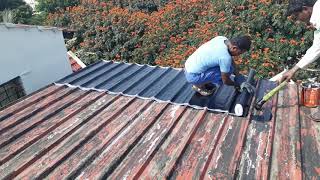 Bituminous sheets laying in terrace for water proofing [upl. by Sivle]