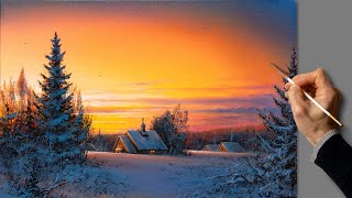 👍 Acrylic Landscape Painting  Winter Sunset  Easy Art  Drawing Lessons  Satisfying Relaxing [upl. by Hannover908]