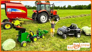 Baling hay with kids power wheel tractor amp real tractor to feed horse on farm Educational  Kid Crew [upl. by Chappie790]