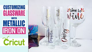 DIY Wine Glasses with Cricut Metallic Iron On and a Heat Gun  Heat Transfer on Glass [upl. by Aeynod]