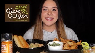 OLIVE GARDEN MUKBANG  RAVIOLI CARBONARA WITH SHRIMP SPINACH ARTICHOKE DIP [upl. by Annaigroeg594]