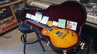 Gibson Les Paul Elegant Custom Shop Amber Flame Top Abalone Inlays Guitar Up Close Video Review [upl. by Ia]