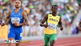 Jamaican newcomer Oblique Seville upsets Olympic champ Jacobs in Worlds 100m heats  NBC Sports [upl. by Shepherd999]