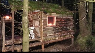 CABIN IN THE WOODS  hidden bushcraft shelter deep in the forest [upl. by Karna]