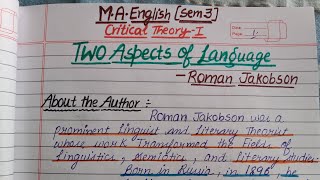 Two Aspects of Language  Roman Jakobson  Critical Theory 1 MA English Sem 3 [upl. by Kriss]