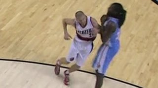 Steve Blake drops Kenneth Faried Denver Nuggets at Portland Trail Blazers [upl. by Ecinad435]