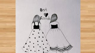 How To Draw Girl Best Friend Drawing Easy  Besties Drawing Easy  Pencil Drawing For Beginners [upl. by Giark]