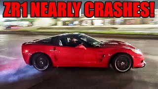 CORVETTE ZR1 DRIFTS OUT OF MEET AND NEARLY CRASHES INSANE SENDS LEAVING CAR MEET [upl. by Noyr]