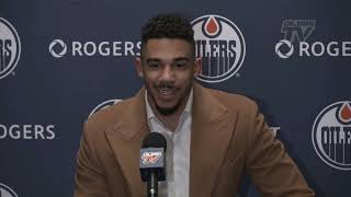 Evander Kanes full postgame interview after his first game with the Oilers [upl. by Llennol]