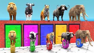 Cow Mammoth Elephant Tiger Buffalo Guess The Right Door ESCAPE ROOM CHALLENGE Animals Tire Game [upl. by Berton]