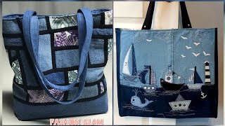 New Patchwork Embroidery amp Applique Work Denim Tote Bags Designs [upl. by Yecniuq]