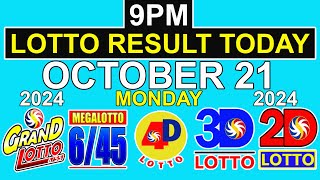 9pm Draw Lotto Result Today October 21 2024 PCSO [upl. by Cynthea]