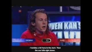 Wood Cleaving Eng subtitles  Hvem kan slå Ylvis [upl. by Kronfeld]