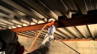 Metal Roof Overhead Spray Application with Tiger Foam [upl. by Mahda]