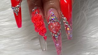 Watch me Work cute neon coral Valentine’s Day Nails [upl. by Nuyh]