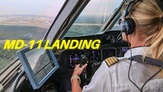 Female Pilot Landing MD 11 Cockpit View Lufthansa [upl. by Lrigybab]