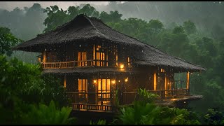 Tropical heavy rain pours over Sundanese bamboo traditional house at night perched on a misty hill [upl. by Doowyah]