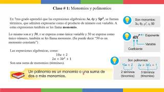 Clase 1 Monomios y Polinomios Octavo grado [upl. by Moreville14]