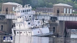 Towboat crashes into Mississippi River lock and dam near Wabasha Minn  FOX 9 KMSP [upl. by Alehcim]